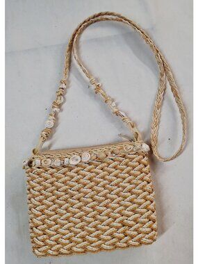 Woven Raffia Crossbody Bag With Seashell Detail Cappelli Straworld 9" x 7" Beige